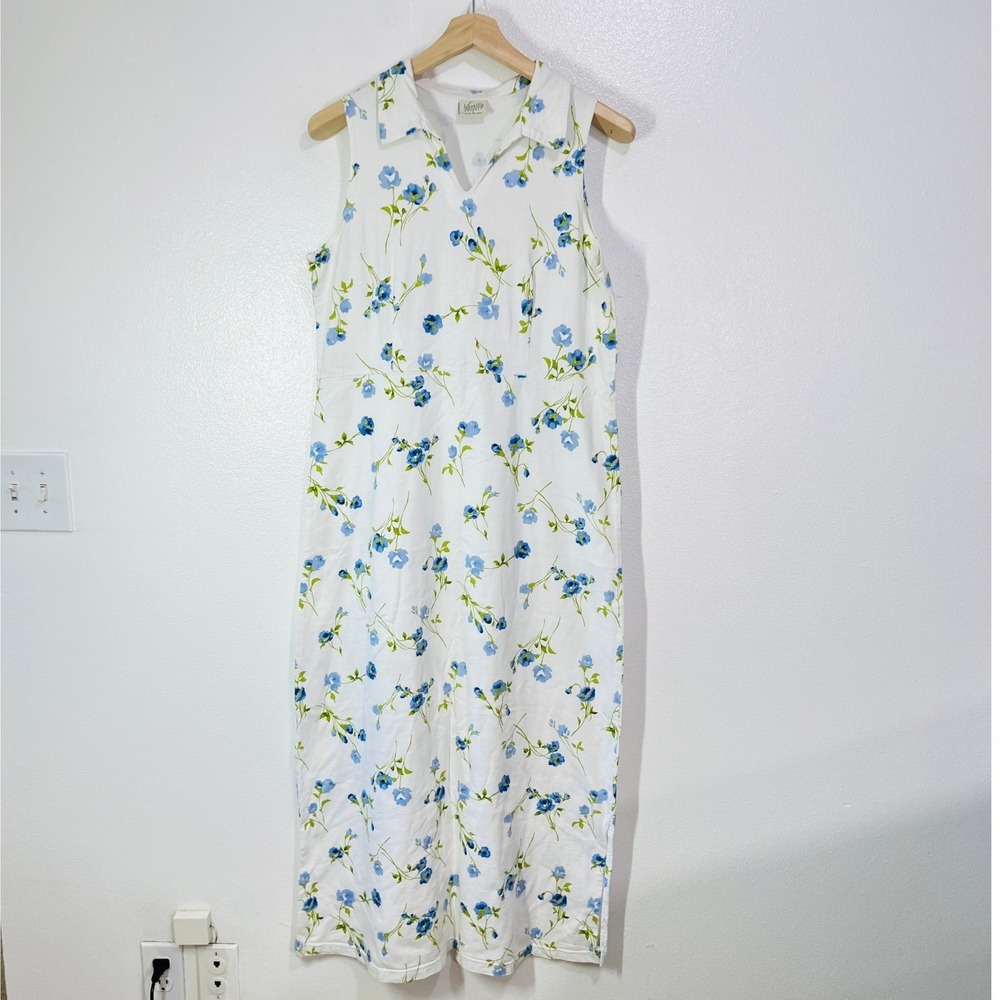 Vintage Varsity Sport Blue Floral Cotton Sleeveless Maxi Dress L Made in USA 90s